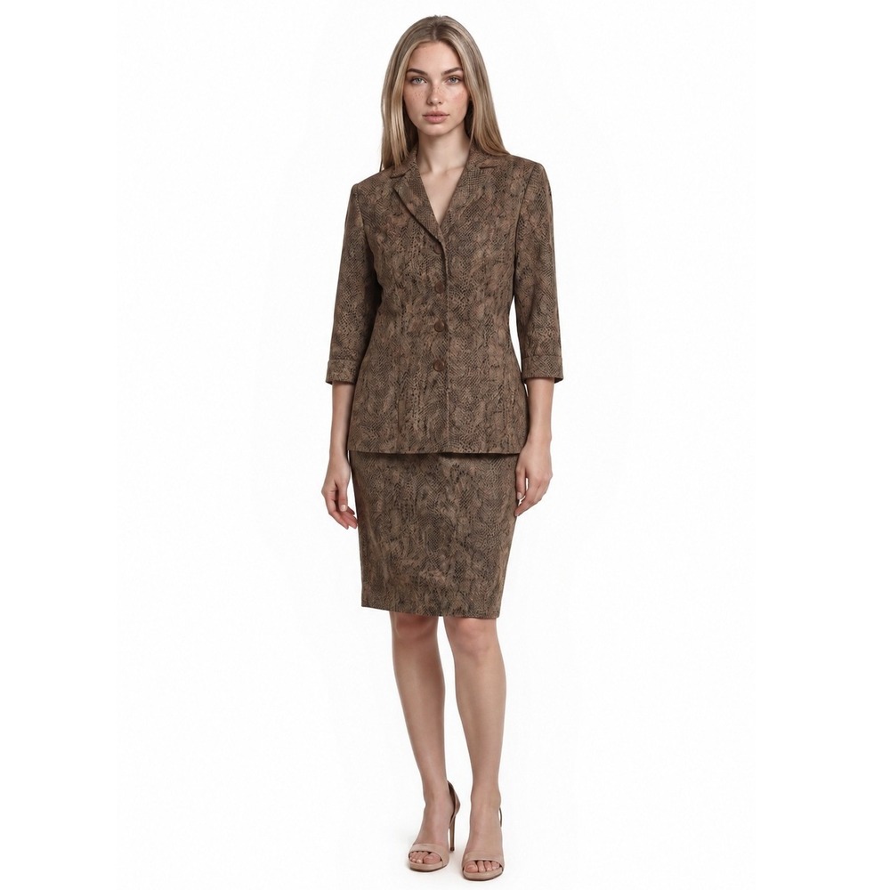 Le Suit Skirt Blazer Suit Women's Size 4P Petite Brown Snakeskin Print Jacket